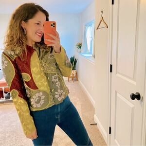 Vintage Sandy Starkman Green Red Unique Silk Blend Button Front Top Small